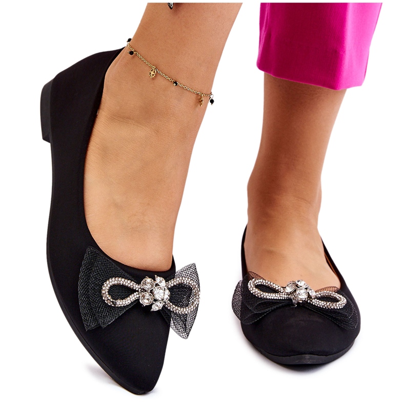 PS1 Bailarinas femininas pontiagudas com laço decorativo preto luminoso