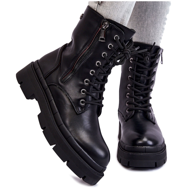 PG1 Botas femininas de couro com cadarço Trapper preto Shanna