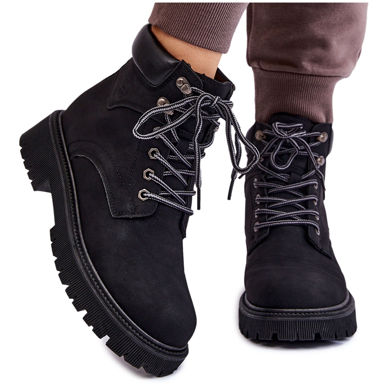 PG1 Botas femininas Trapper isoladas pretas até a metade com cadarço preto PG1 Botas femininas Trapper isoladas pretas até a metade com cadarço preto