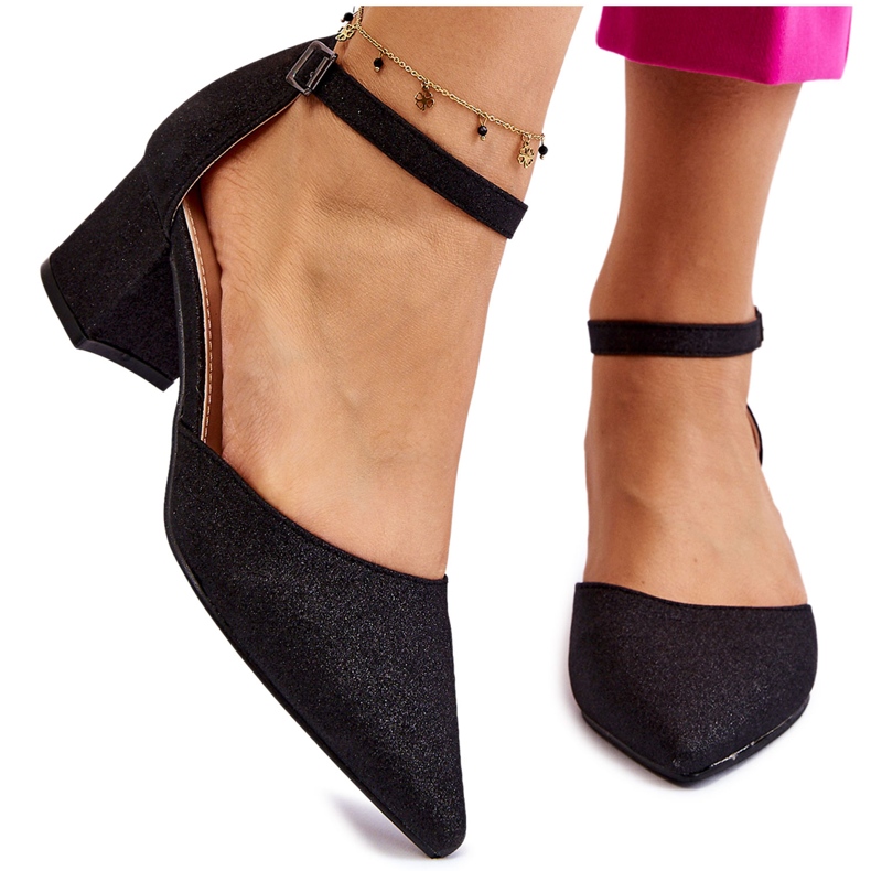 PG1 Sapatos de salto baixo elegantes e brilhantes pretos Leilany