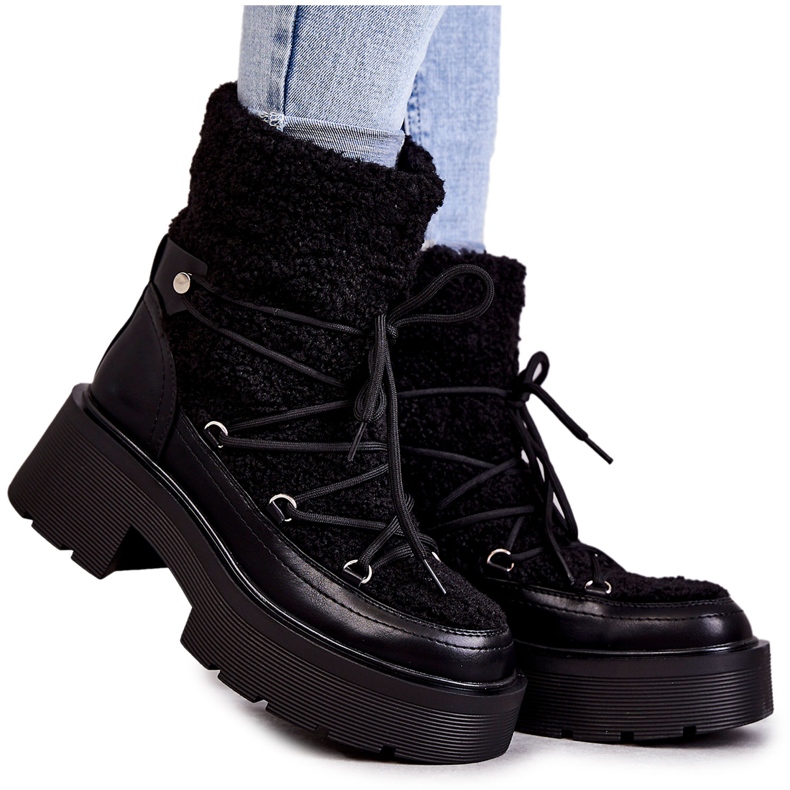 Botas femininas C-275 botas de neve com pele de carneiro, pretas preto