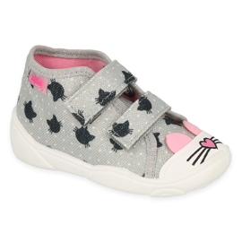Chinelos infantis Befado com velcro 212P078, cinza com gatos pretos
