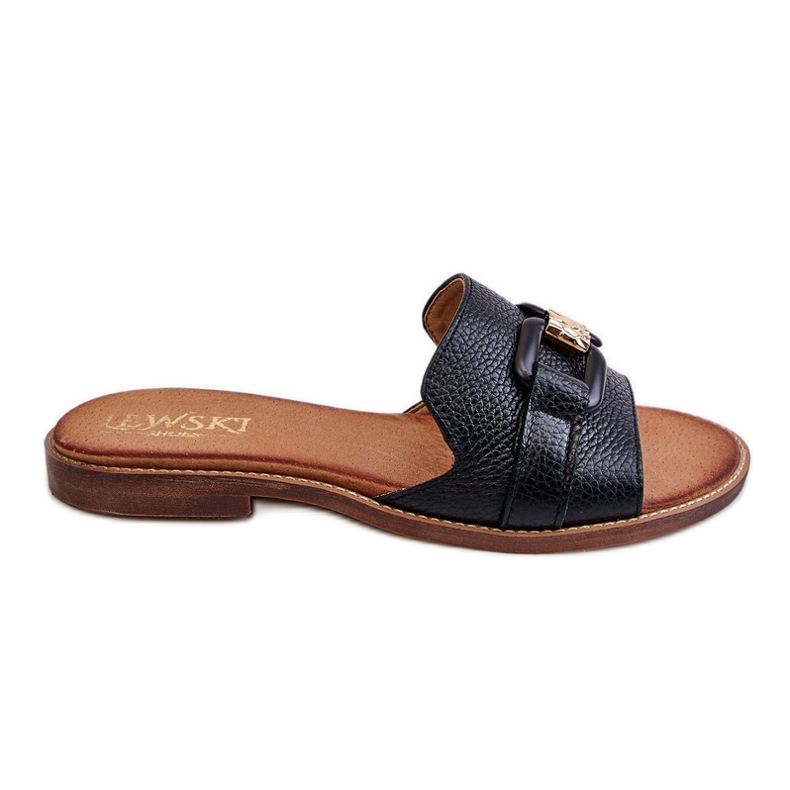 Lewski Shoes Chinelos femininos de couro Leewski sapatos 3270 preto dourado