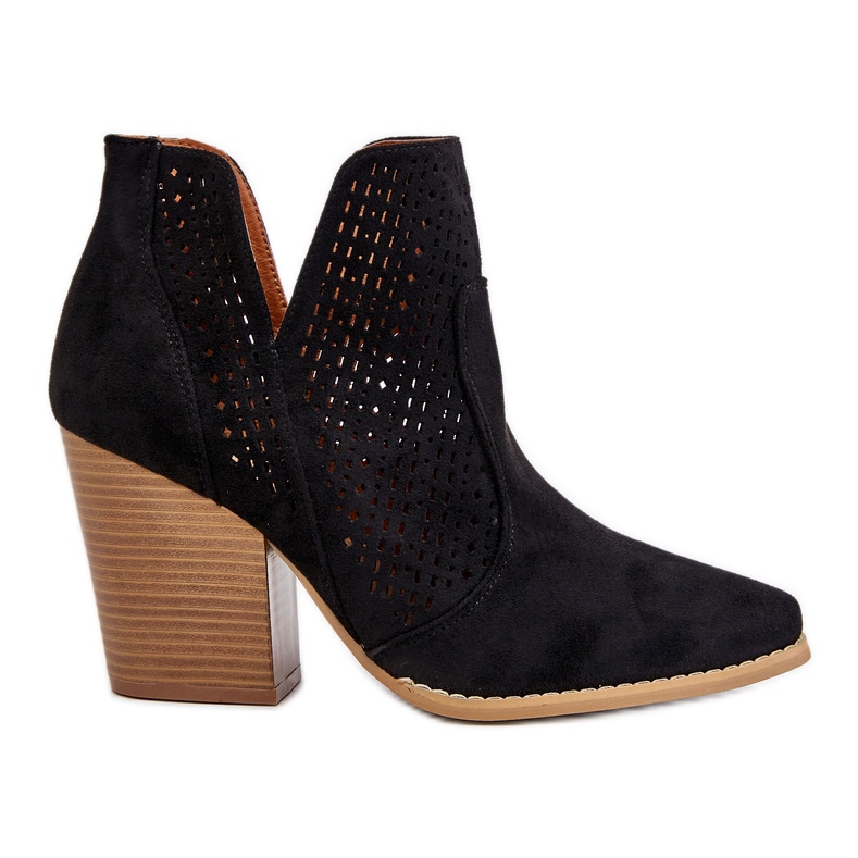 PM1 Botas femininas de salto alto em camurça perfurada tons pretos