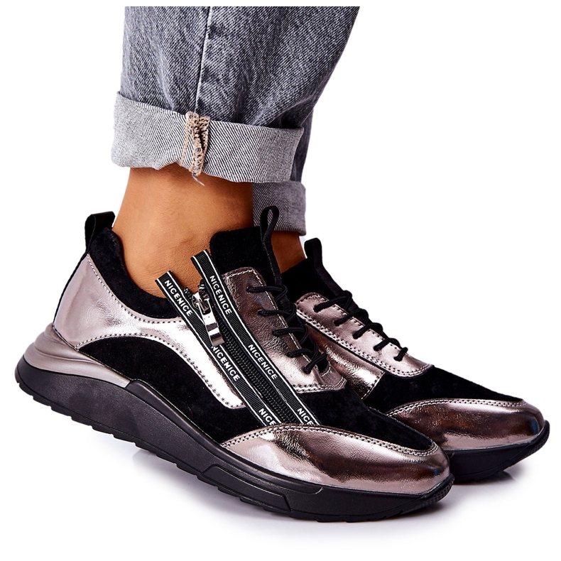 POTOCKI Tênis esportivos metálicos de couro preto e prata