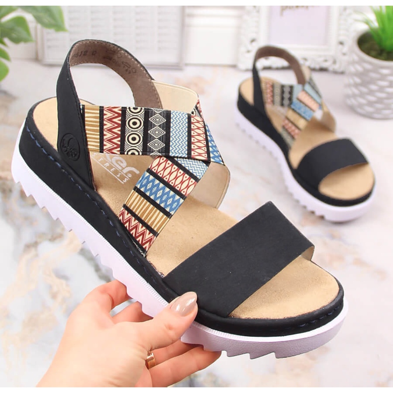 Sandálias de cunha femininas confortáveis ​​multicoloridas Rieker V44G8-14 multicolorido
