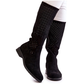 S.Barski Botas Femininas de Camurça Openwork Over Knee Savannah preto
