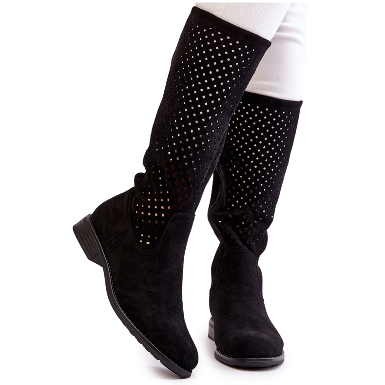 S.Barski Botas Femininas de Camurça Openwork Over Knee Savannah preto