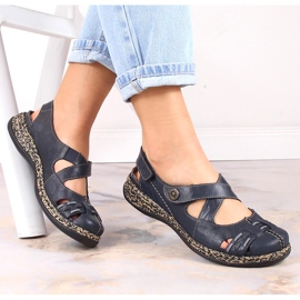 Sandálias femininas confortáveis ​​de couro com velcro azul marinho Rieker 46377-14