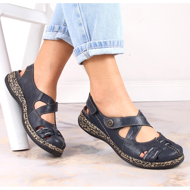 Sandálias femininas confortáveis ​​de couro com velcro azul marinho Rieker 46377-14