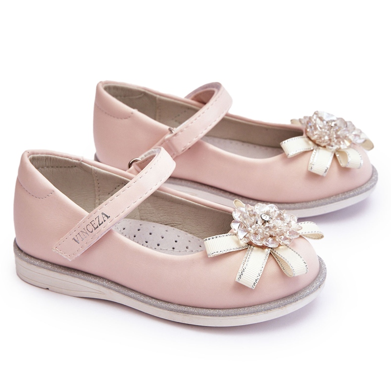 Vinceza Bailarinas infantis de velcro com flor decorativa rosa Freya