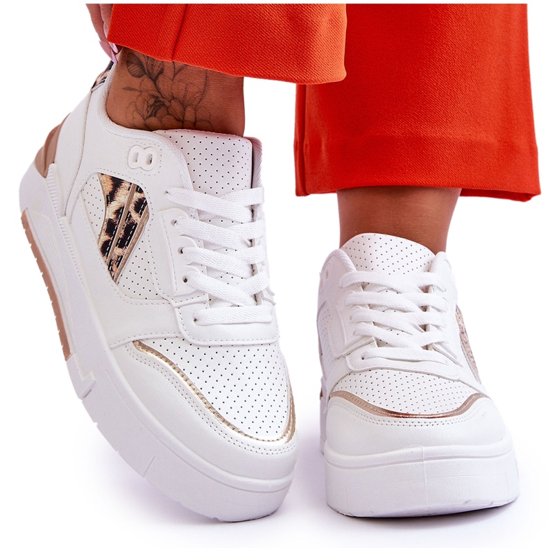 Sapatos esportivos femininos de couro leopardo branco Nancey