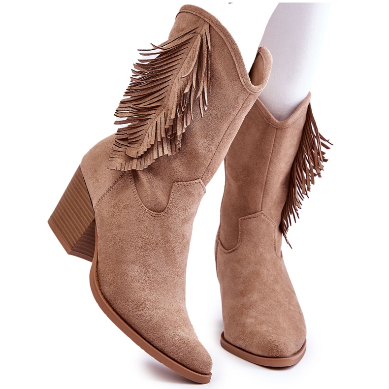 S.Barski Botas cowboy femininas de camurça baixa com franjas, bege