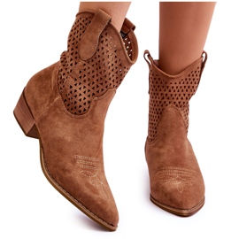FB1 Botas de caubói femininas vazadas Camel Reeds marrom
