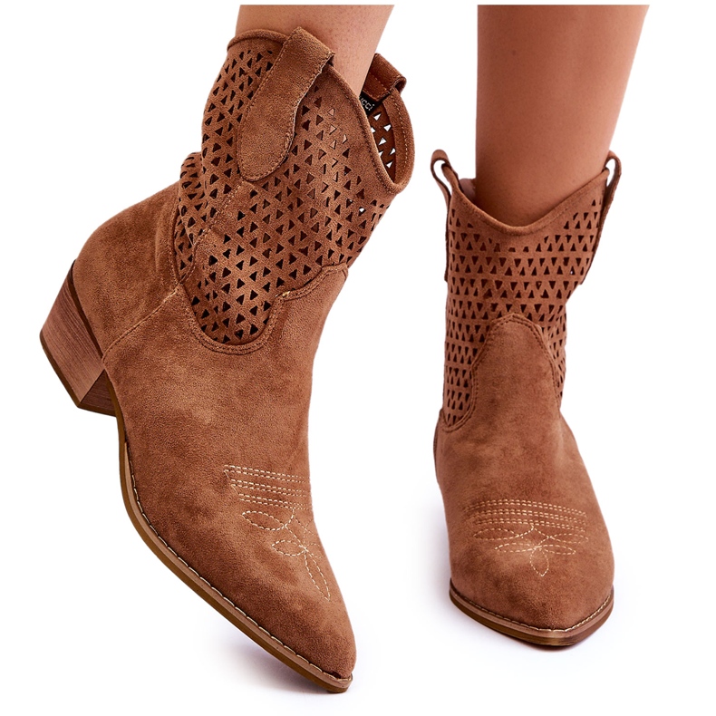 FB1 Botas de caubói femininas vazadas Camel Reeds castanho