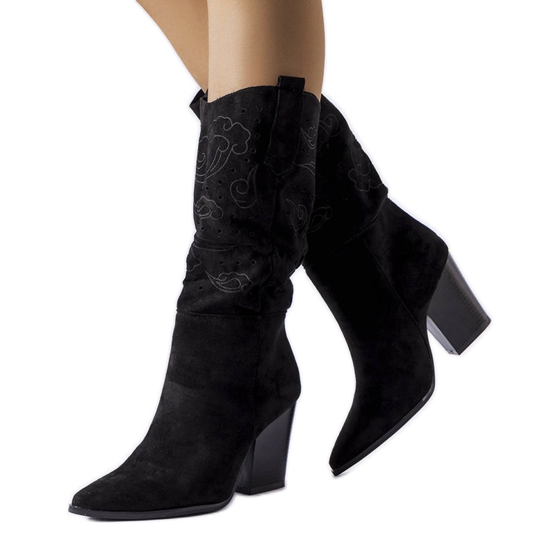 Botas cowboy pretas com cabedal vazado, Guibord preto