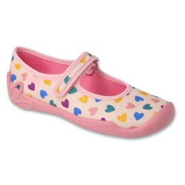 Chinelos infantis Befado com velcro 114Y515, rosa com corações coloridos