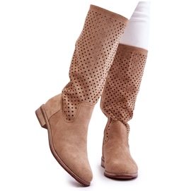 S.Barski Botas femininas de camurça abertas acima do joelho bege savana