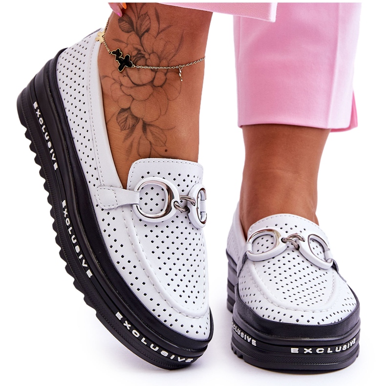 S.Barski Mocassins Clássicos De Couro Abertos Com Decoração Rendy Branca branco