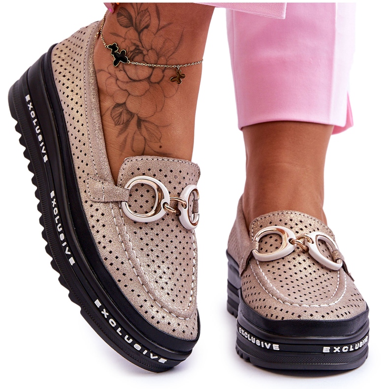 S.Barski Mocassins clássicos de couro vazados com decoração Rendy dourada dourado