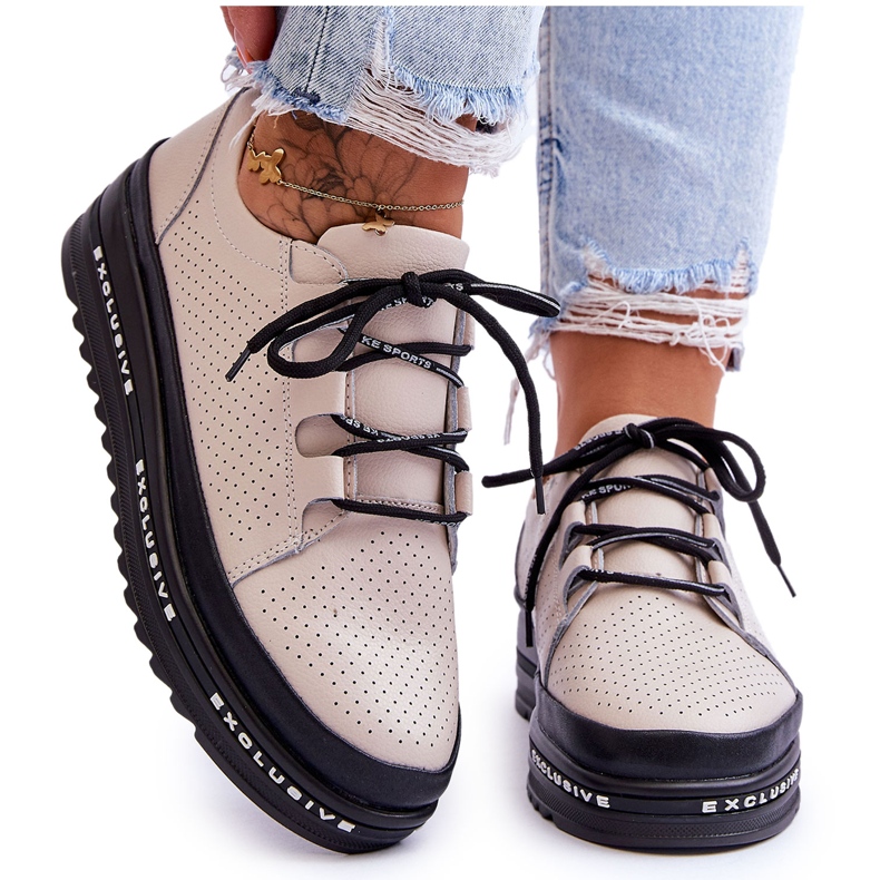 S.Barski Sapatos Esportivos De Couro Openwork Bege Leonor