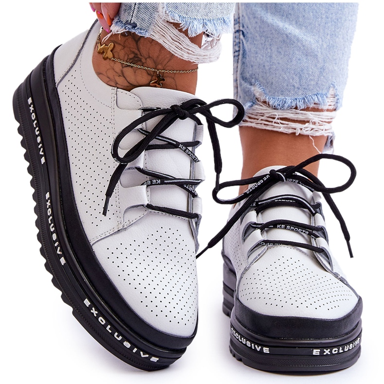 S.Barski Sapatos desportivos de couro bordado branco Leonor