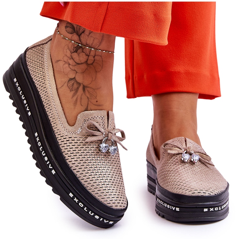 S.Barski Tênis feminino de couro sem cadarço dourado brilhante Raven