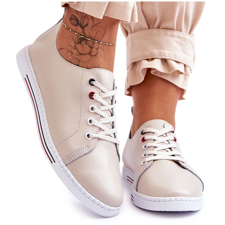 S.Barski Tênis feminino de couro bege Renes castanho