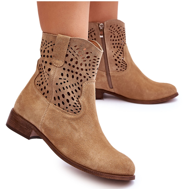 Lewski Shoes Botas femininas de camurça vazadas sapatos Leski 3301 bege