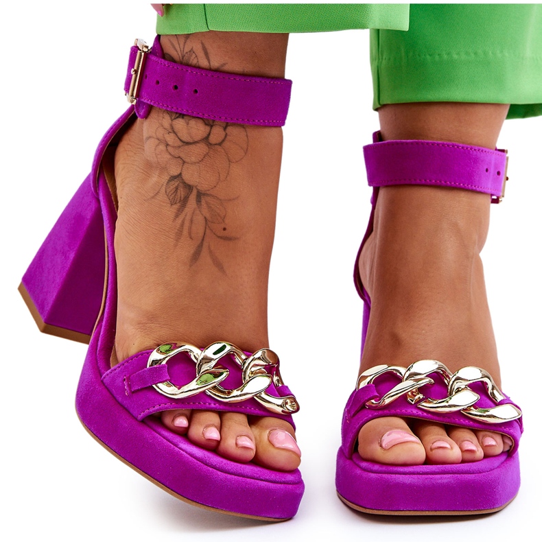 Lewski Shoes Sandália feminina de camurça com salto maciço Leski Shoes 3207 fúcsia rosa