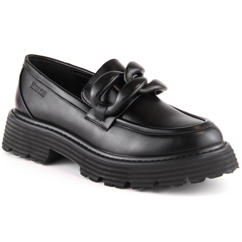 Mocassim preto Big Star LL274580 salto alto com corrente