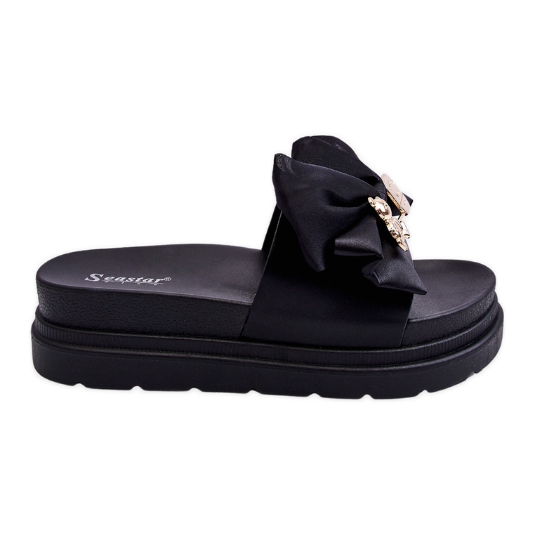 PE1 Chinelos com laço e ursinho de pelúcia decorativo preto Suzy