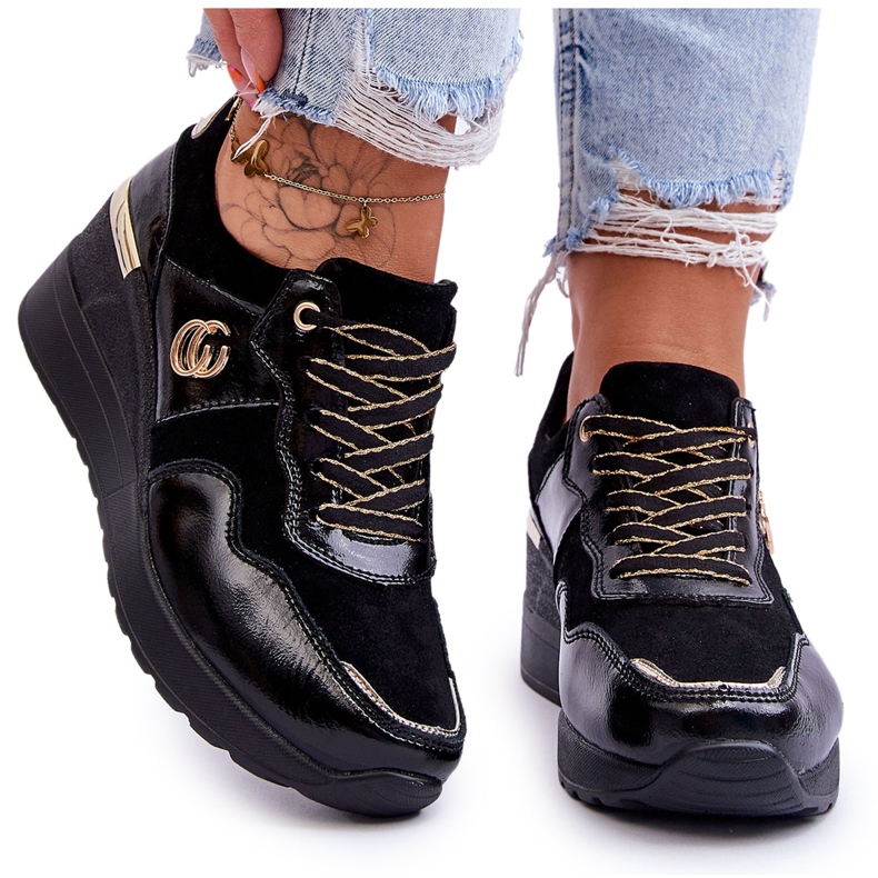 S.Barski Sapatos esportivos femininos de couro com salto preto Rebeca