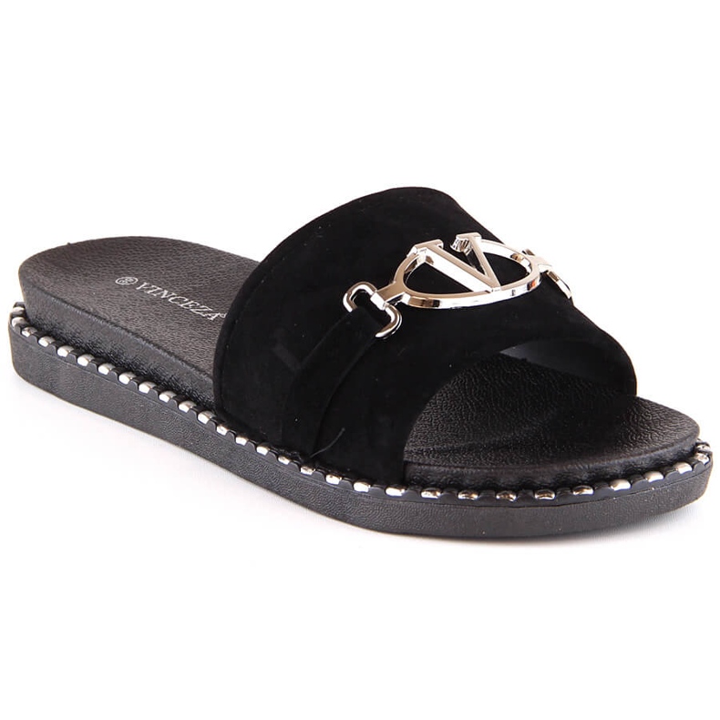 Chinelos de mulher em camurça com decoração preta Vinceza 30183 preto