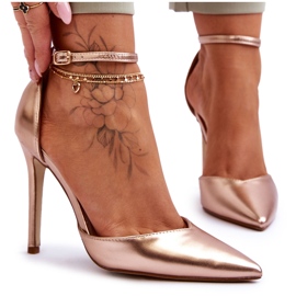 PG1 Sapatos de salto alto com bico pontudo reflexo ouro rosa