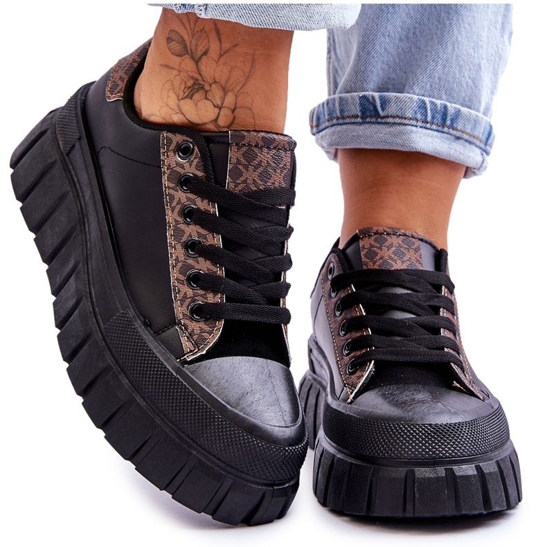 PG1 Tênis feminino plataforma de couro preto Alison