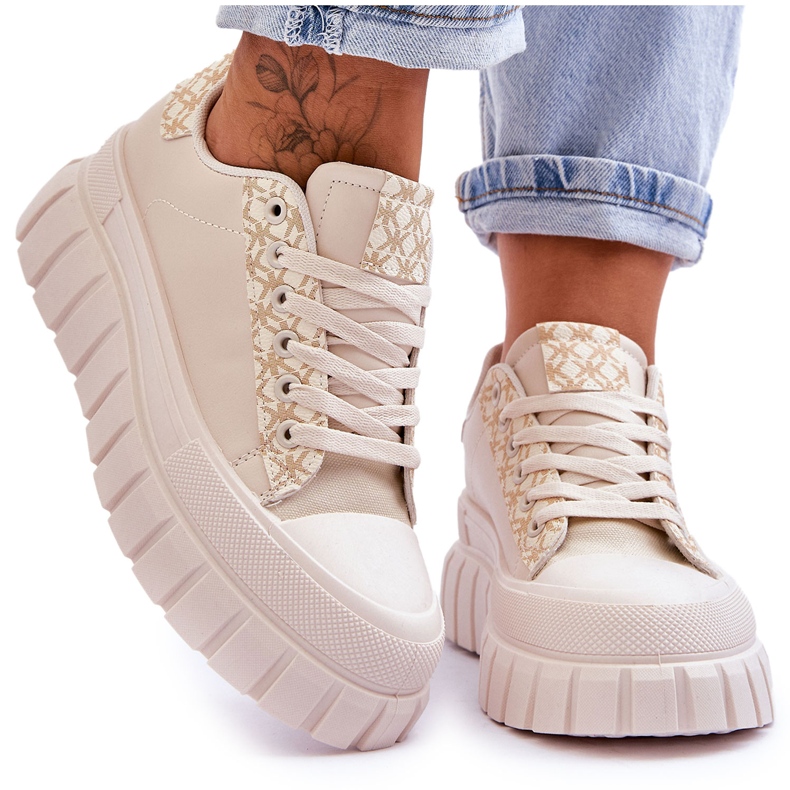 PG1 Tênis feminino plataforma de couro bege Alison