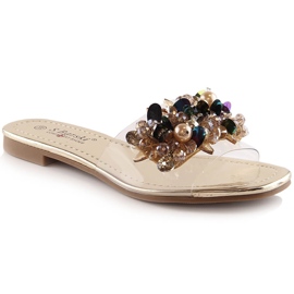 Chinelos femininos confortáveis e transparentes com miçangas douradas S.Barski Kv 576-3 dourado Chinelos femininos confortáveis e transparentes com miçangas douradas S.Barski Kv 576-3 dourado