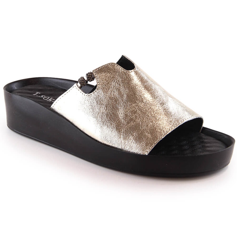 Chinelos femininos dourados metálicos de couro T.Sokolski L23-346