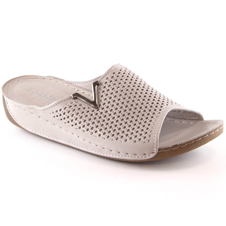 Chinelos femininos de couro bege vazados T.Sokolski L23-356