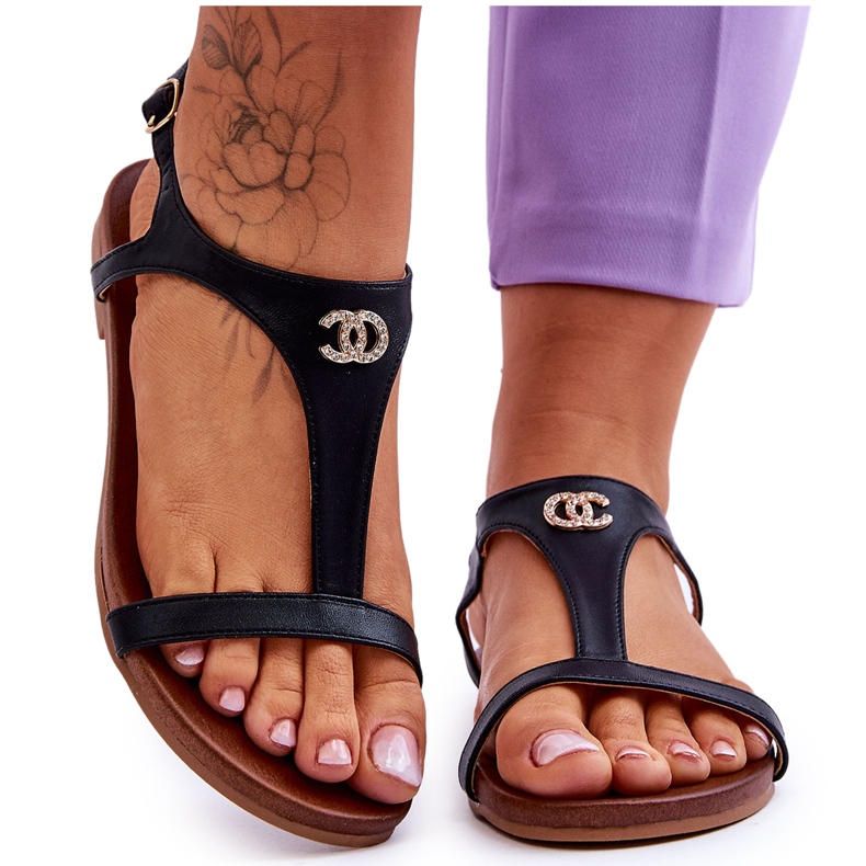 Sandália rasa com decoração S.Barski KV-5541-45 preta preto