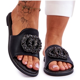 Chinelos femininos rasos com enfeites S.Barski KV-520-3 preto Chinelos femininos rasos com enfeites S.Barski KV-520-3 preto