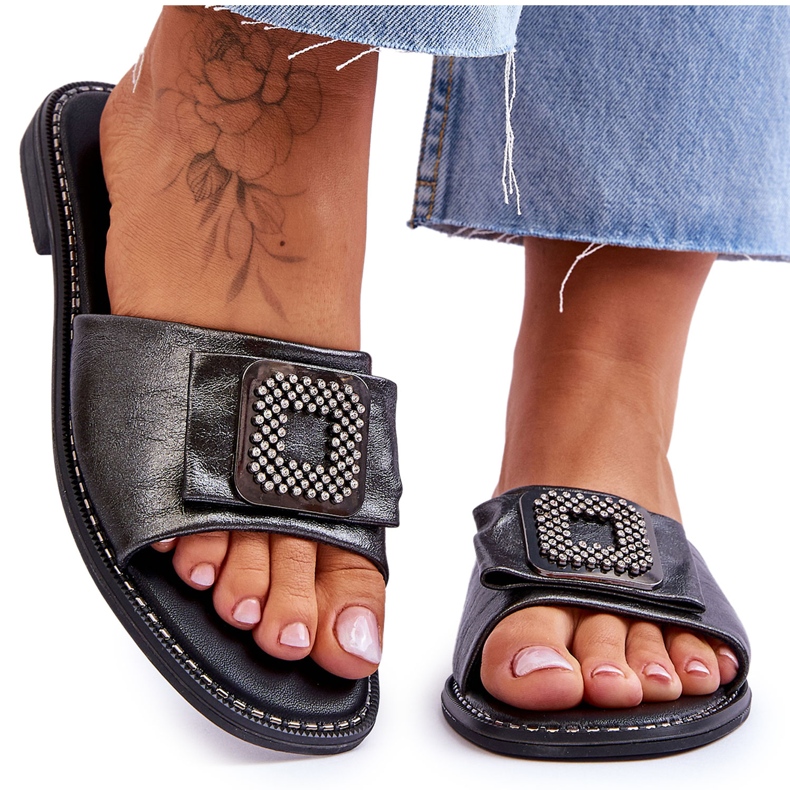 Chinelos femininos de couro com strass S.Barski KV-2775-33 prata escura