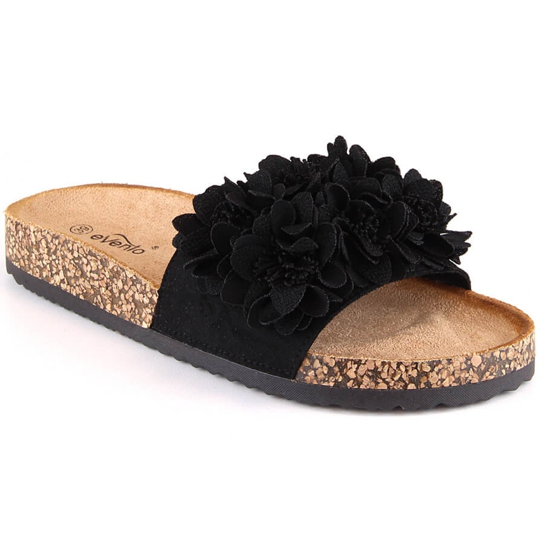 Chinelos rasos de mulher com flores pretas eVento 5969 preto