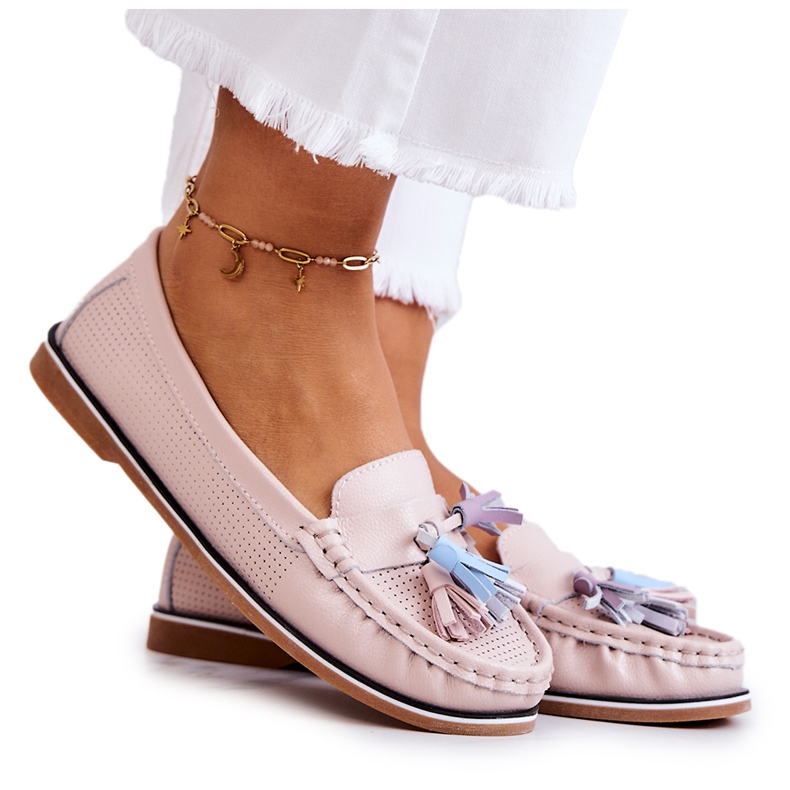 Evento Mocassins femininos de couro com franjas rosa Laressa