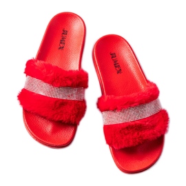 Slides de pelo vermelho com strass da Carrito Slides de pelo vermelho com strass da Carrito