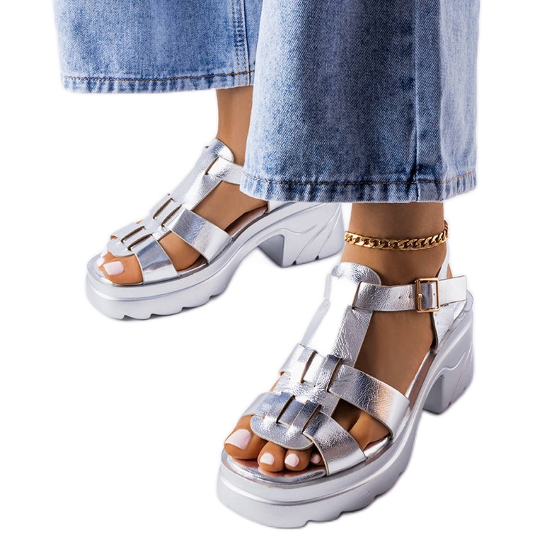 Sandália salto bloco prata, Sunset.