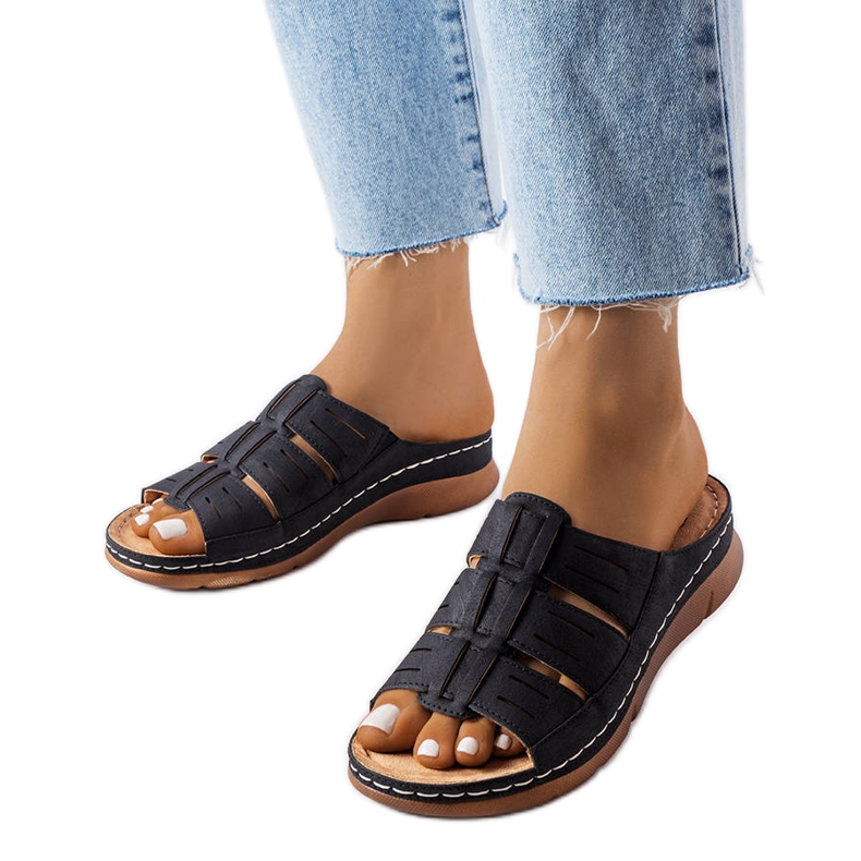 Sliders de cunha pretos de jersey