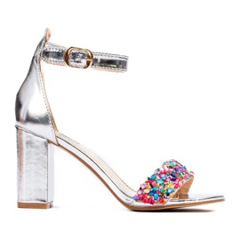 Shelovet Sandália bloco prateada com brilhantes prata