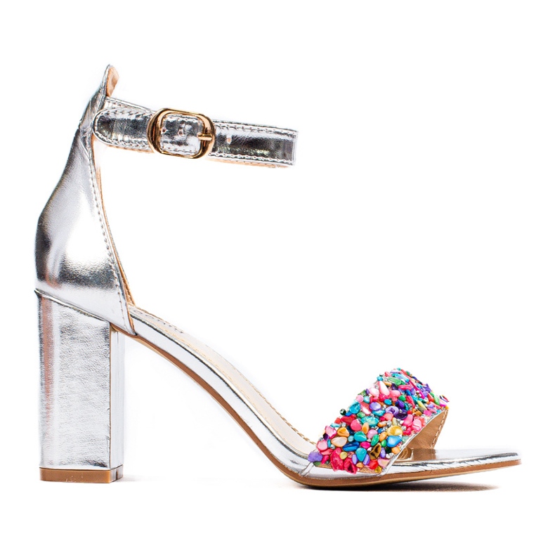 Shelovet Sandália bloco prateada com brilhantes prata